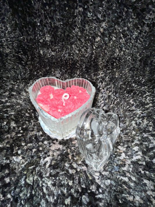 Heart-Shaped Crystal Jar with Pink Floral Wax Candle