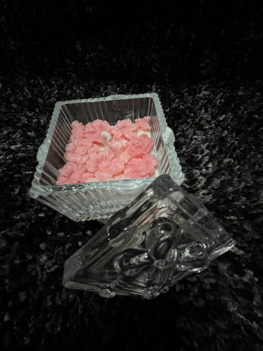 Square Crystal Jar with Pink Floral Wax Candle