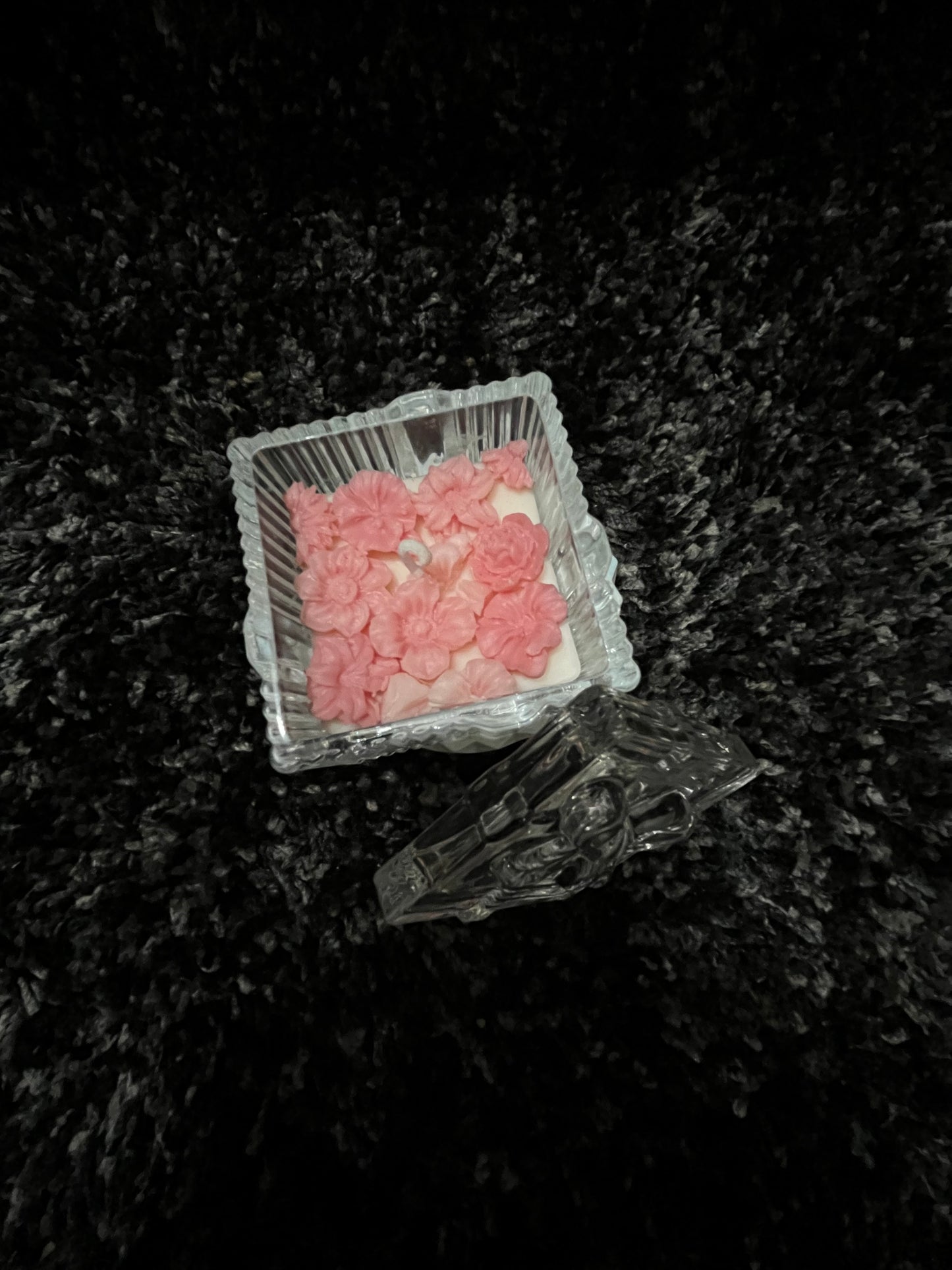 Square Crystal Jar with Pink Floral Wax Candle