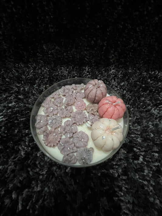 Round Crystal Bowl Candle with Floral & Pumpkin Wax Accents