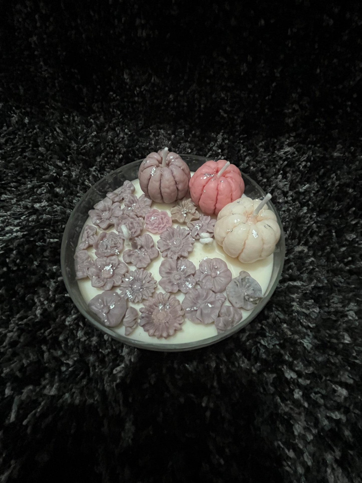 Round Crystal Bowl Candle with Floral & Pumpkin Wax Accents