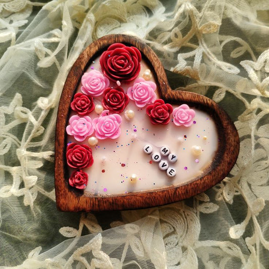 My Love - Heart-Shaped Floral Candle in Wooden Holder