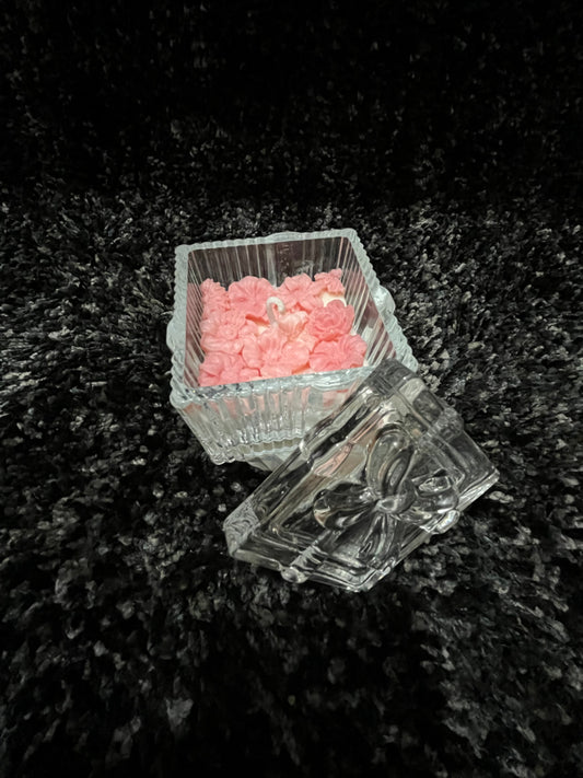 Square Crystal Jar with Pink Floral Wax Candle