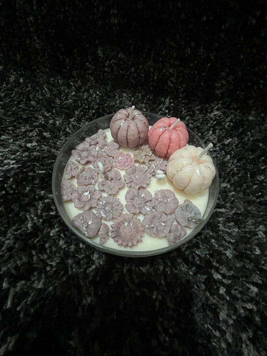 Round Crystal Bowl Candle with Floral & Pumpkin Wax Accents